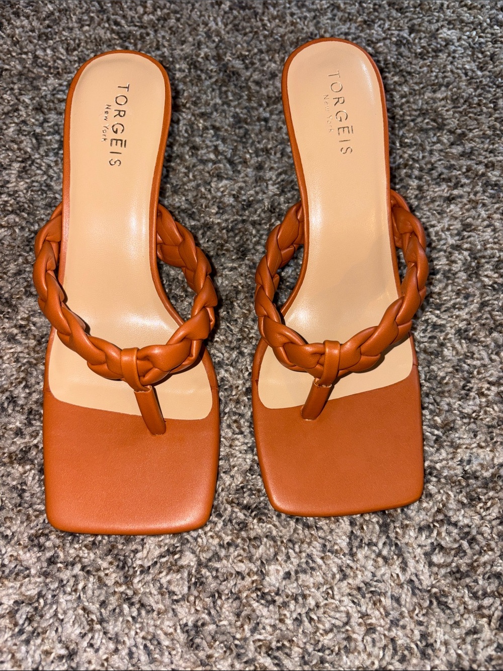 Torgee's Braided Square-Toe Heeled Sandals — Rust Orange